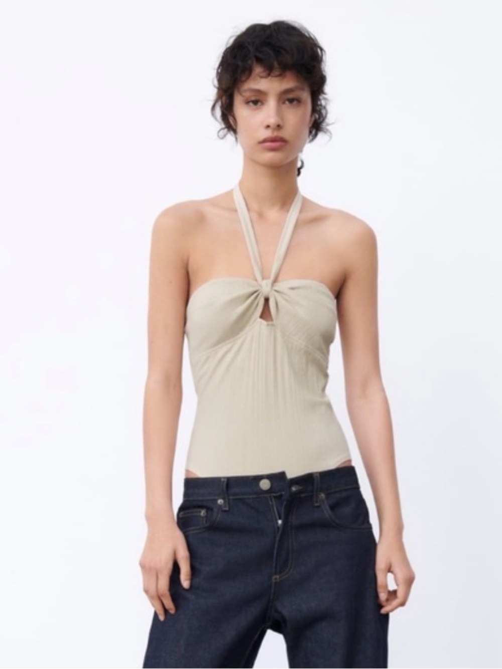 Zara Light Beige Halter Tie Ribbed Bodysuit